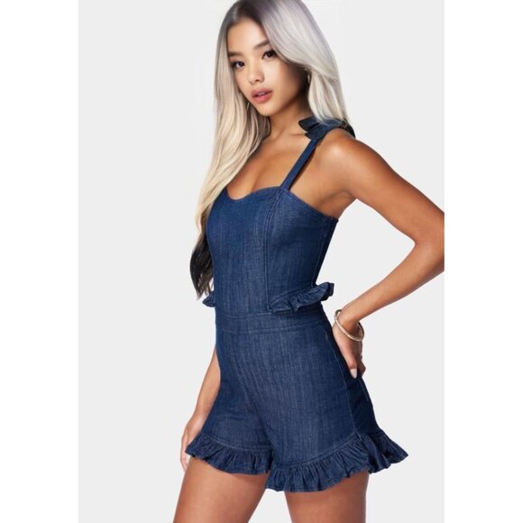 NEW bebe Tie Strap Ruffle Detail Denim Romper Womens Size 12 NLA - Picture 2 of 16